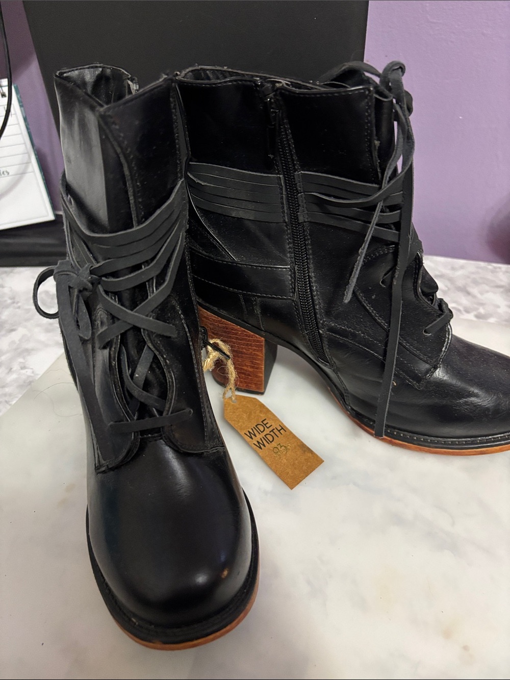 Black Lace-Up Women's Ankle Boots with Stacked Heel